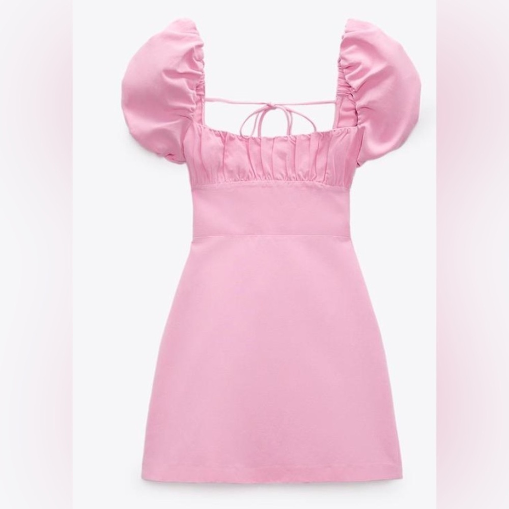 Zara Linen Puff Sleeve Dress